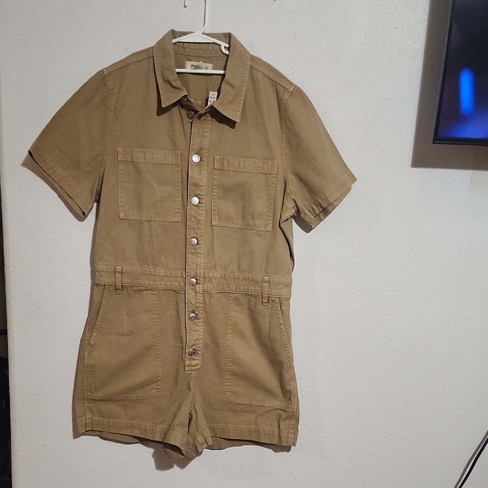 Madewell Women Short-Sleeve Button-Front Romper in Khaki Brown Size XL